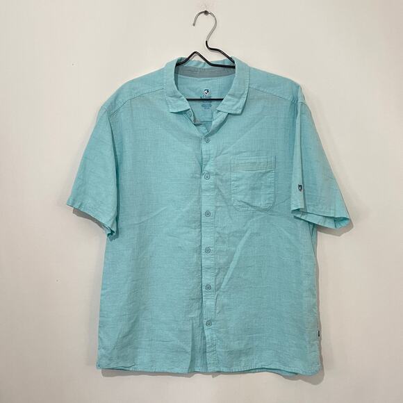 Kuhl Linen Blend Button Down Shirt Mens XL Light Blue Short Sleeve Summer Beach - Picture 1 of 7